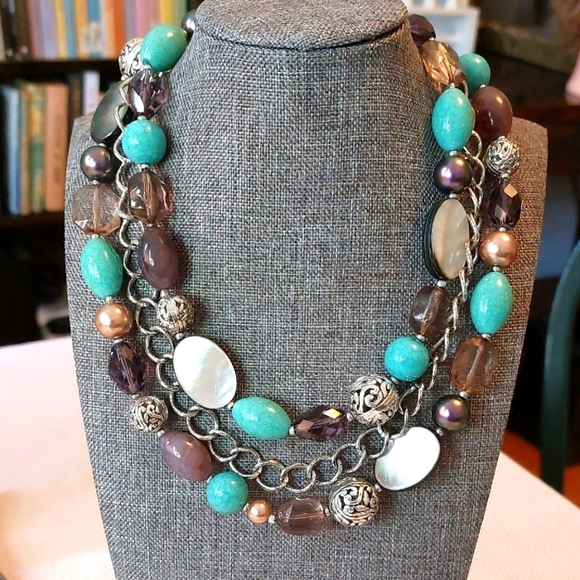 Jewelry - Triple Strand Chunky Bead Toggle Necklace Purple Turquoise Silvertone 16"
